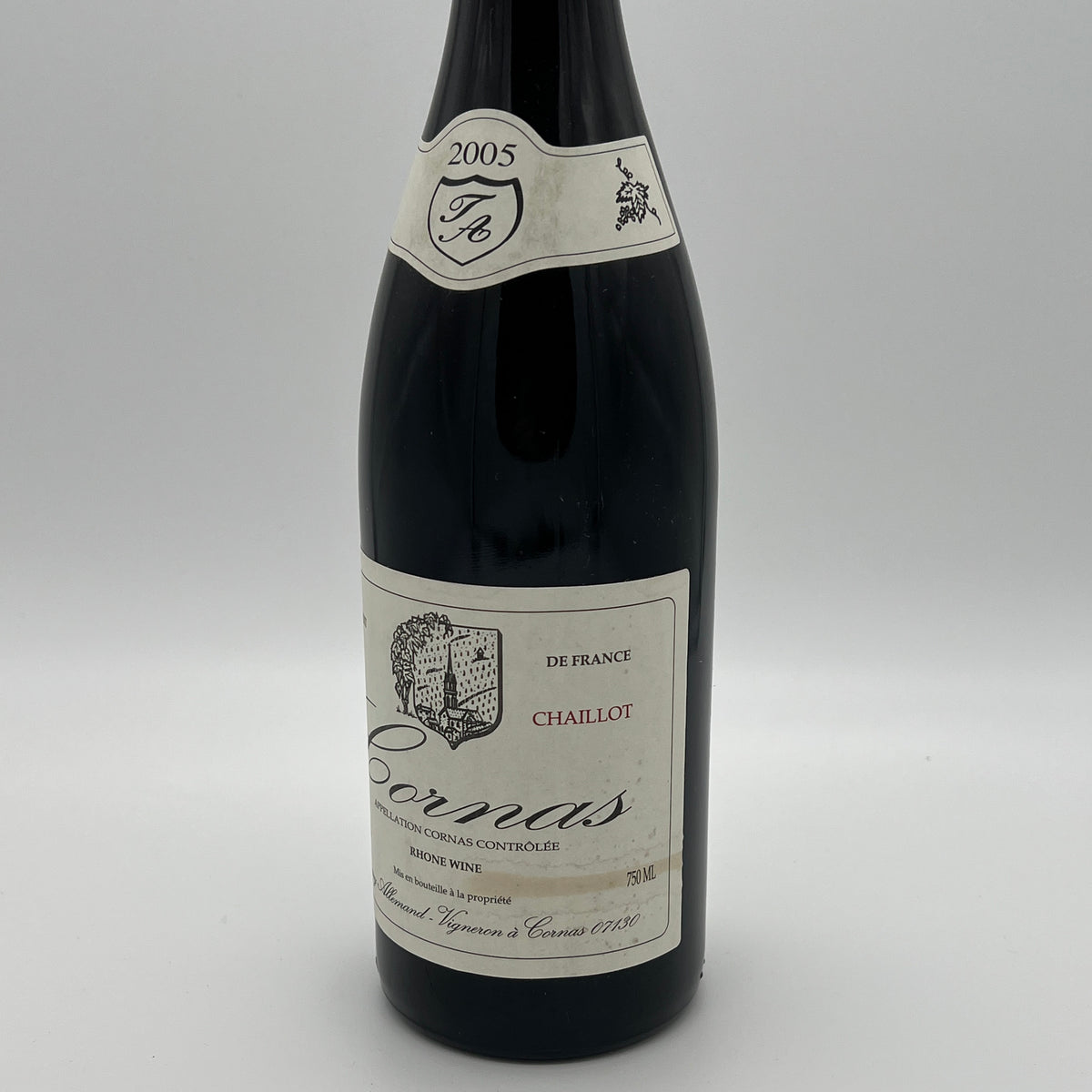 2005 Thierry Allemand Cornas Chaillots, Rhone, France (stained label)