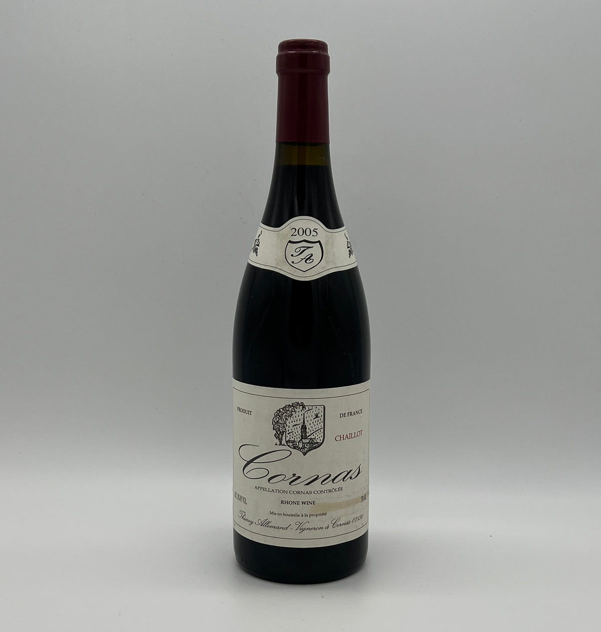 2005 Thierry Allemand Cornas Chaillots, Rhone, France (stained label)