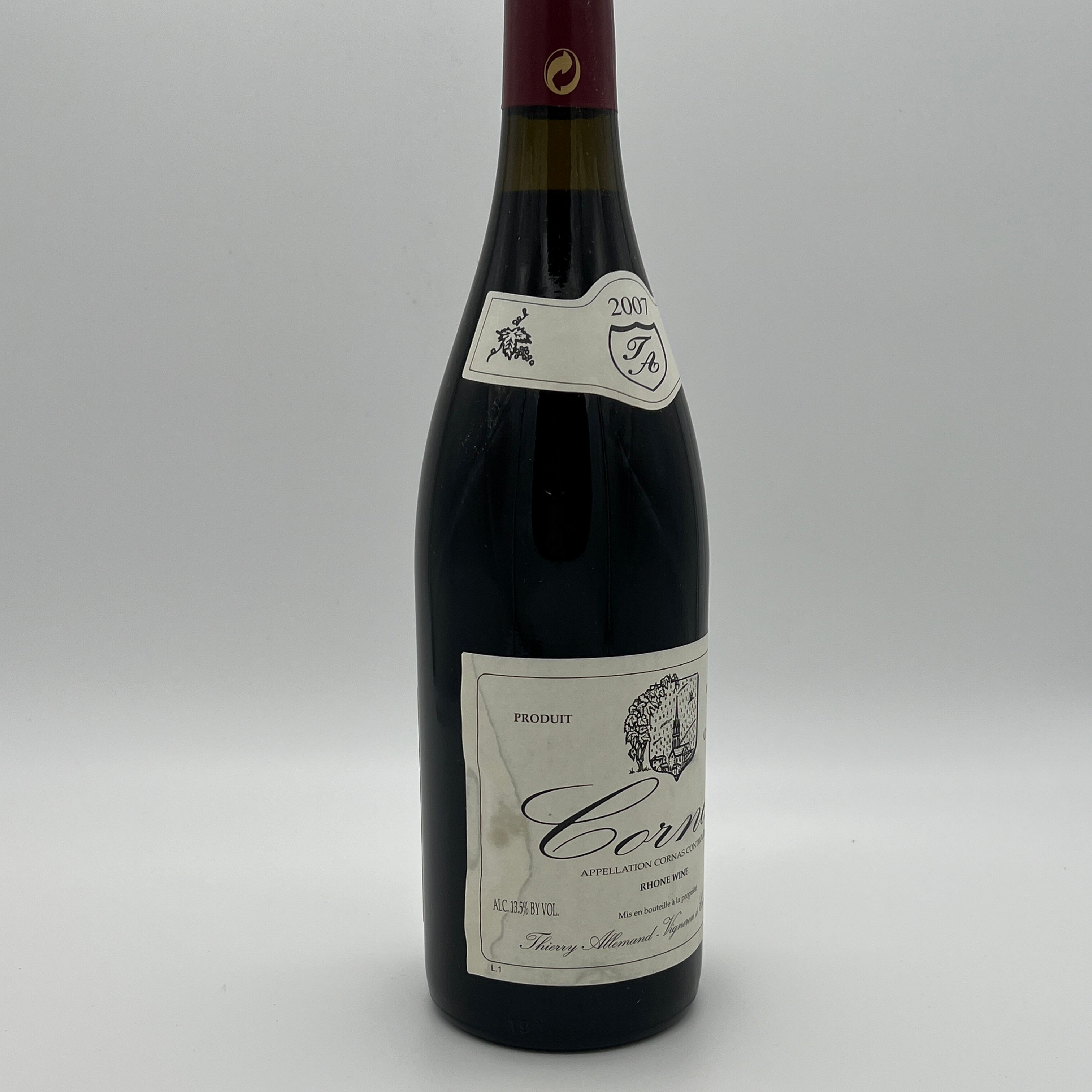 2007 Thierry Allemand Cornas Chaillots, Rhone, France (stained label)