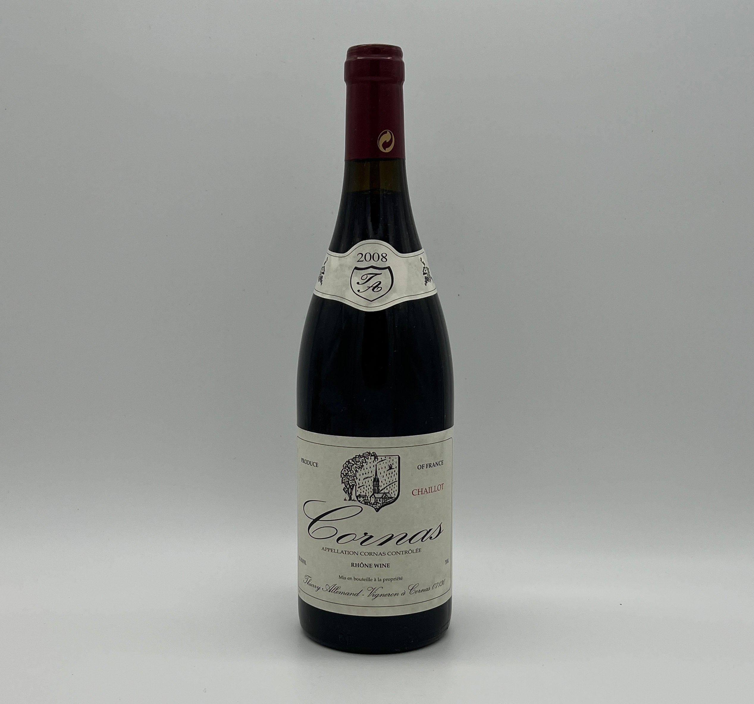 2008 Thierry Allemand Cornas Chaillots, Rhone, France (stained label)