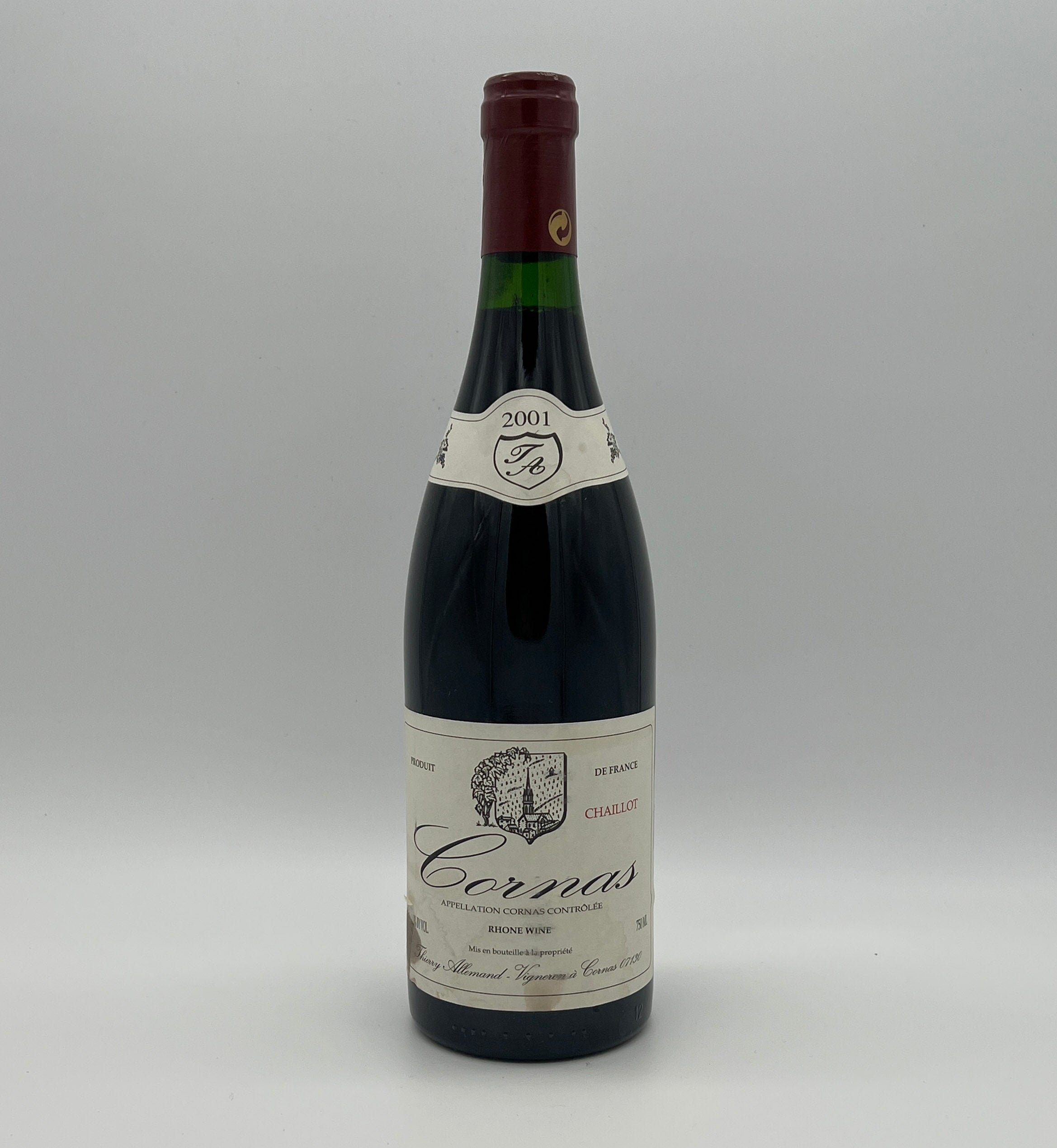 2001 Thierry Allemand Cornas Chaillots, Rhone, France (stained label)
