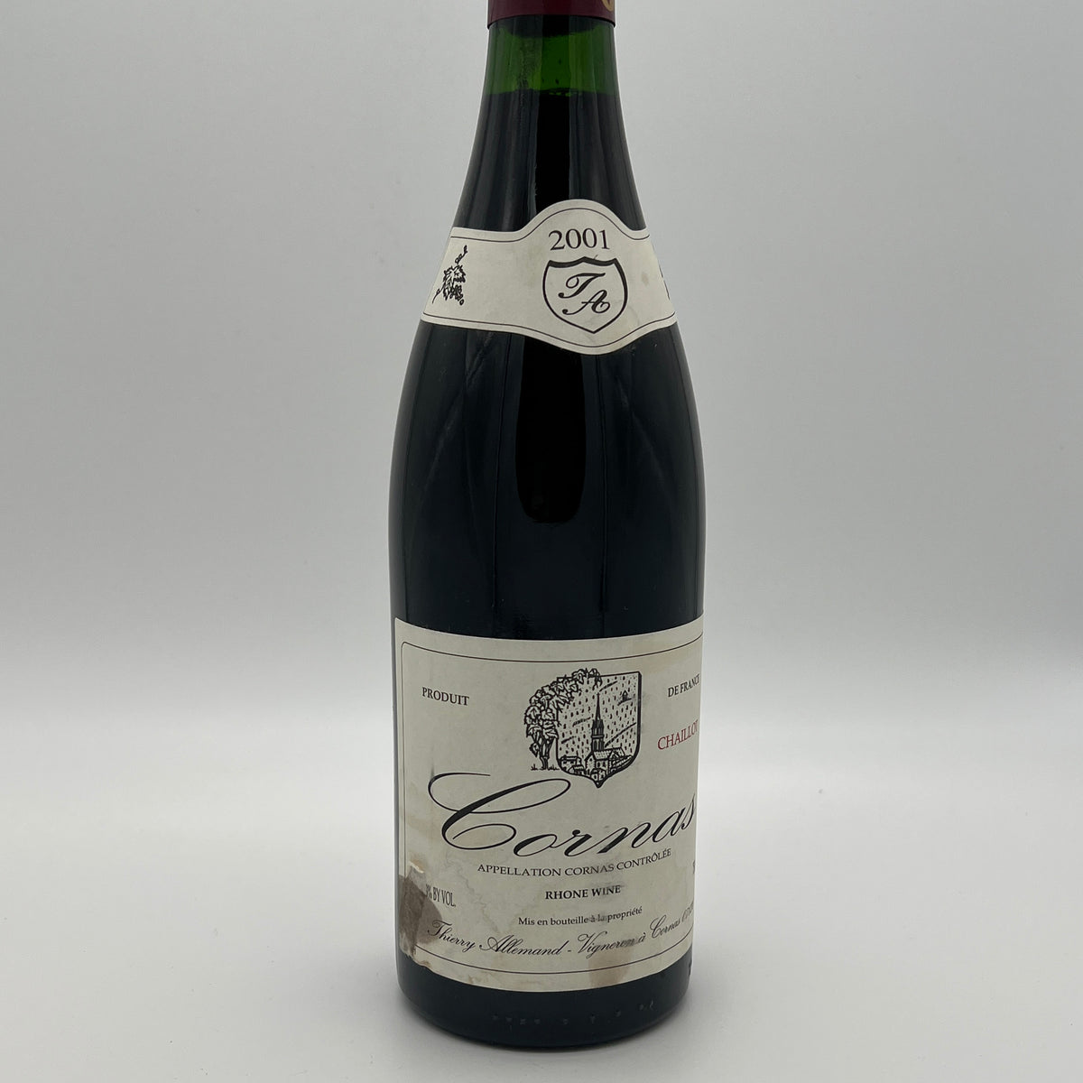 2001 Thierry Allemand Cornas Chaillots, Rhone, France (stained label)