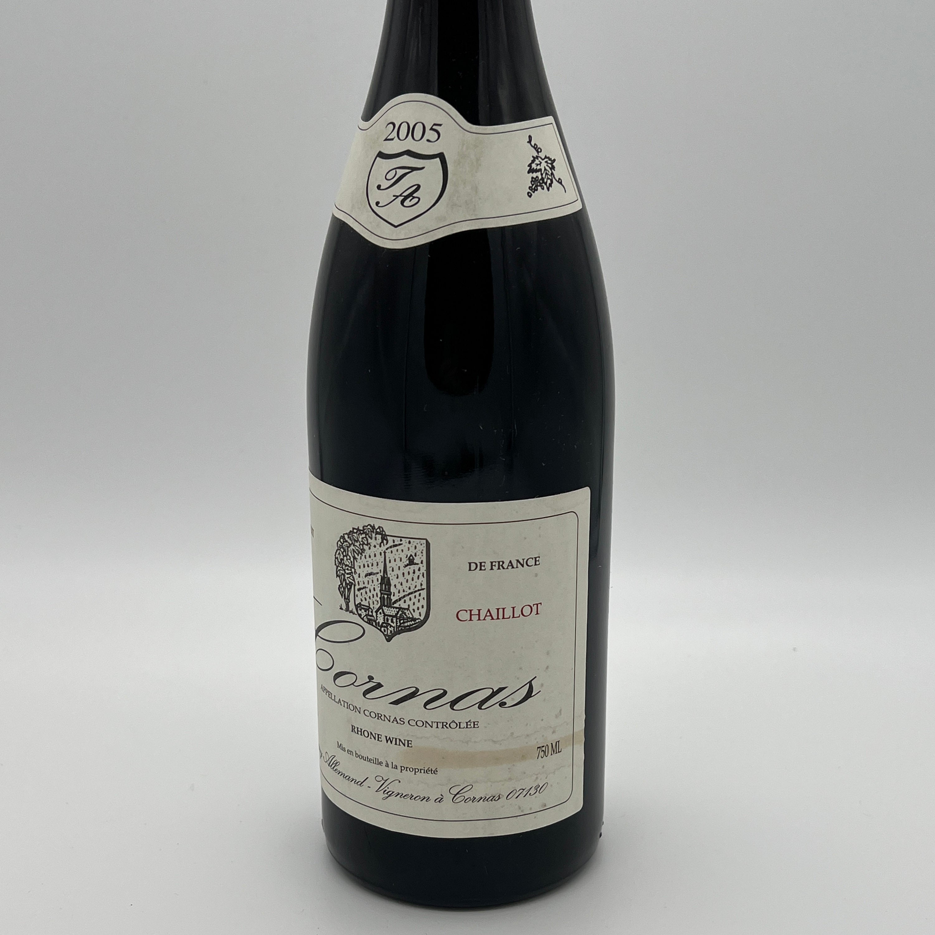 2005 Thierry Allemand Cornas Chaillots, Rhone, France (stained label)