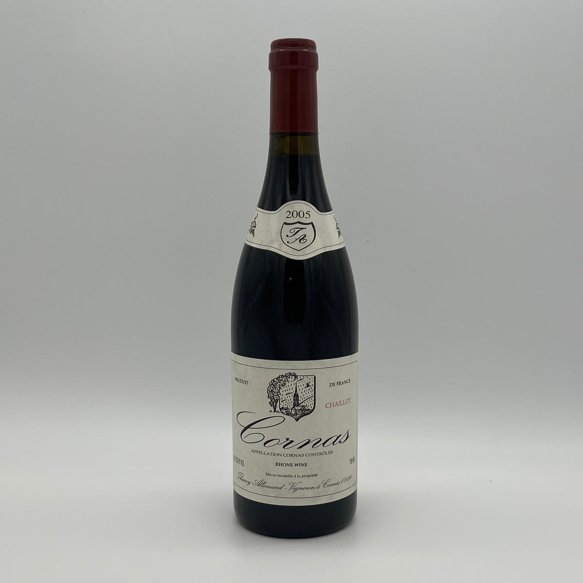 2005 Thierry Allemand Cornas Chaillots, Rhone, France (stained label)