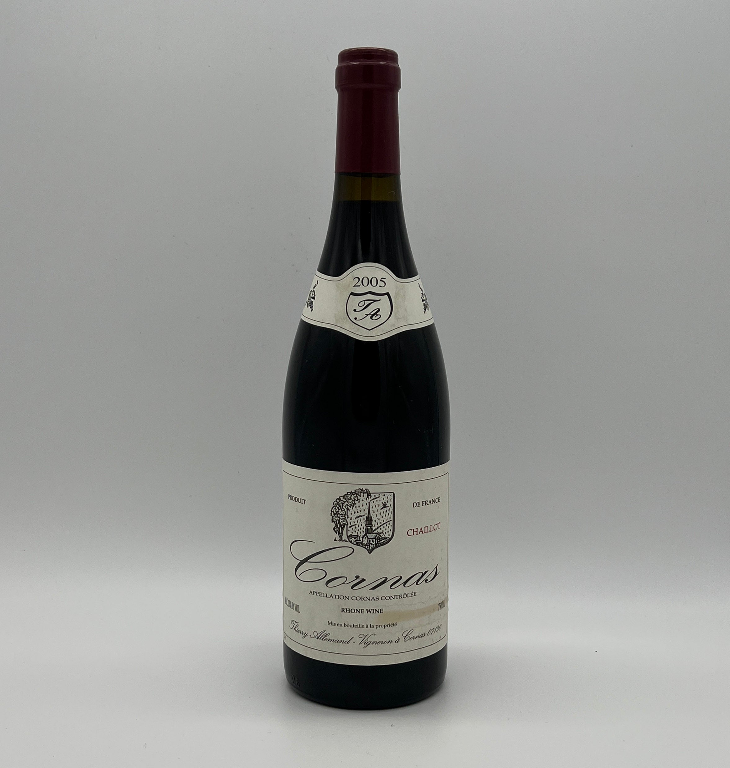 2005 Thierry Allemand Cornas Chaillots, Rhone, France (stained label)