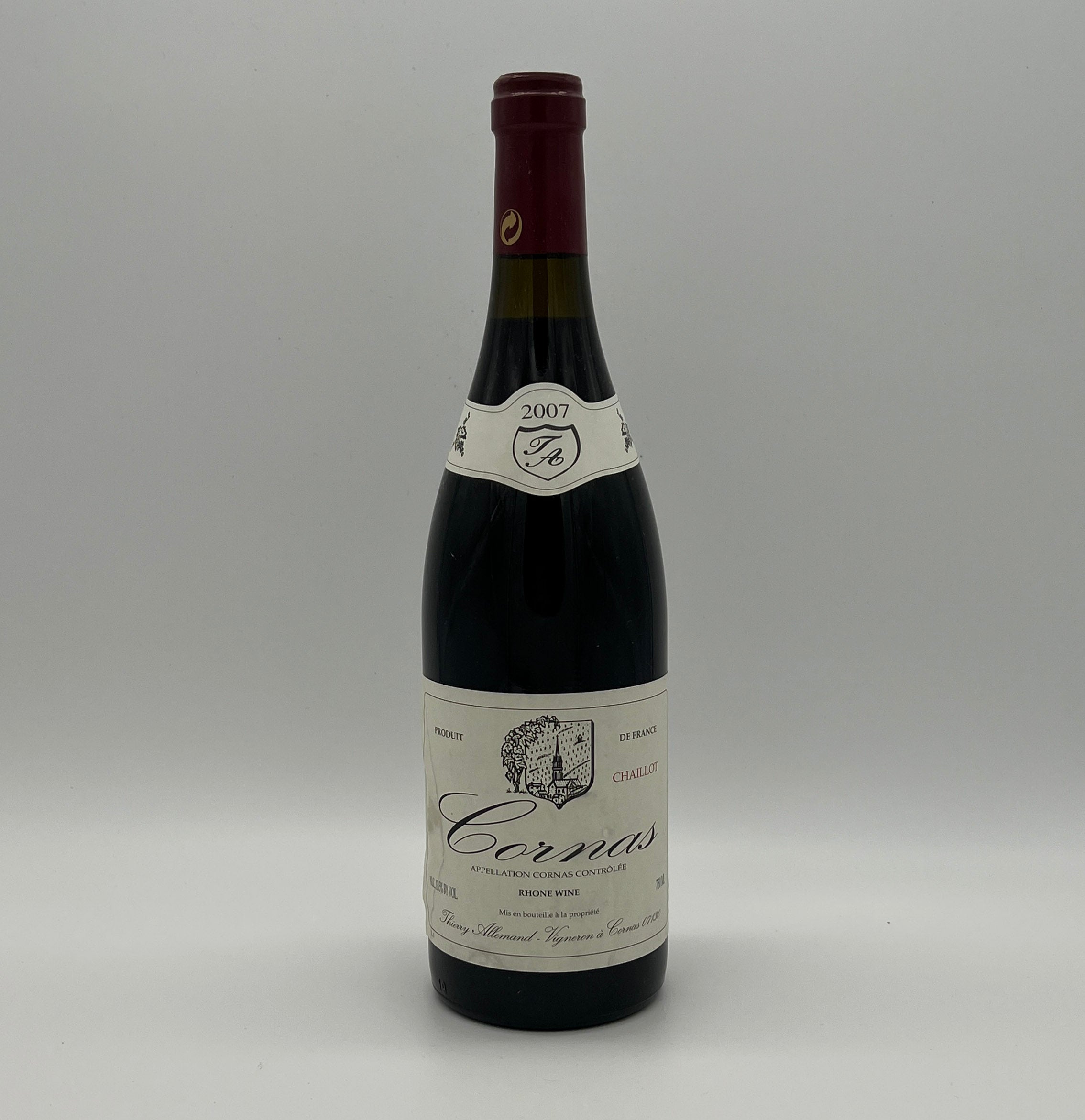2007 Thierry Allemand Cornas Chaillots, Rhone, France (stained label)