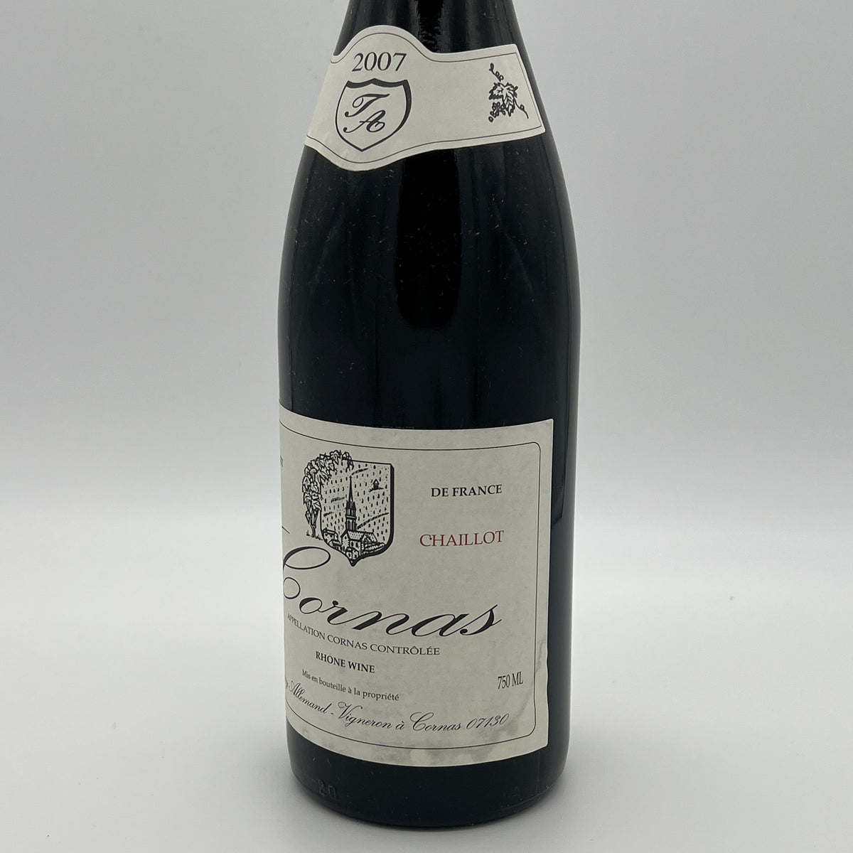 2007 Thierry Allemand Cornas Chaillots, Rhone, France (stained label)