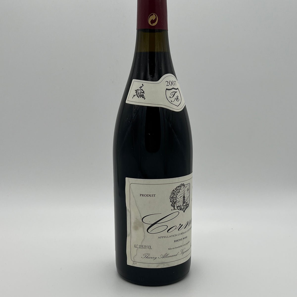 2007 Thierry Allemand Cornas Chaillots, Rhone, France (stained label)