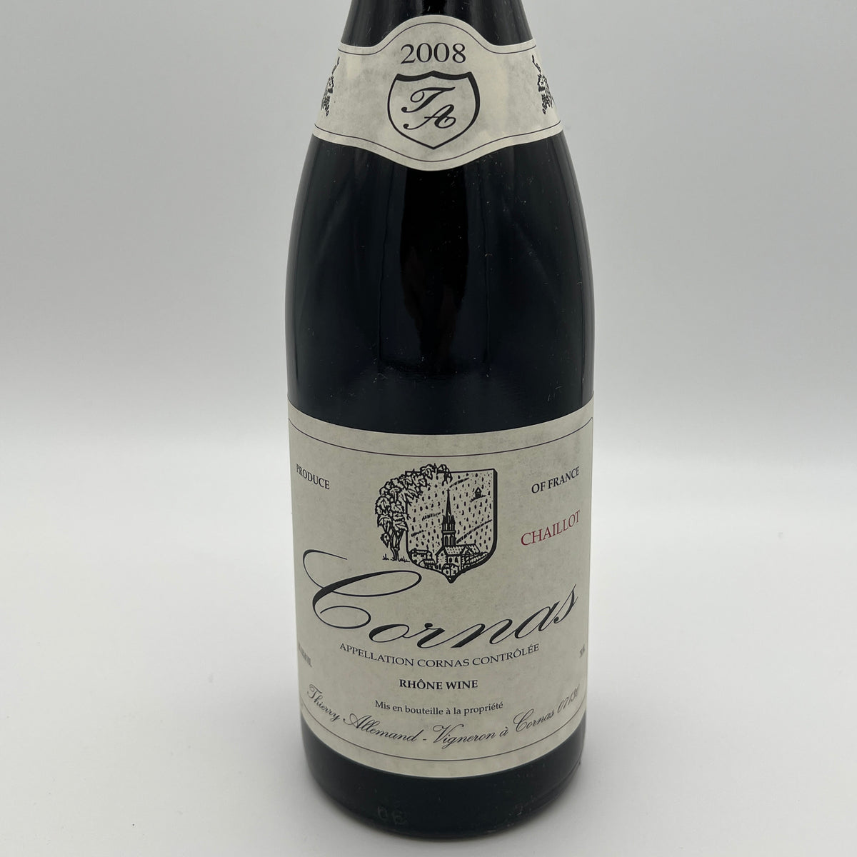 2008 Thierry Allemand Cornas Chaillots, Rhone, France (stained label)